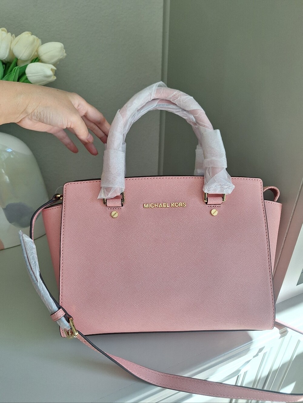 NWT MICHAEL Michael Kors Selma Medium Satchel $298~ Pale Pink Leather